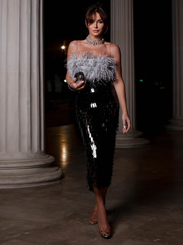 

Женский костюм из двух предметов, пикантный Роскошный Топ без бретелек с блестками и перьями и юбка с открытыми плечами и блестками, лето 2023