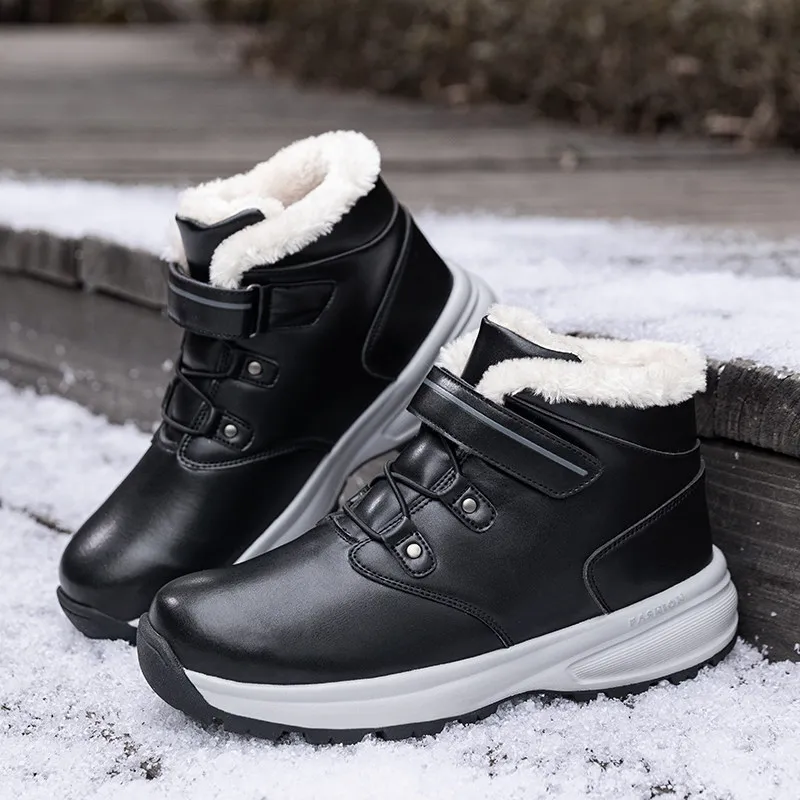 New Men Boots Fashion Leather High Top Sneakers Men Winter Waterproof Snow Boots Women Plush Warm Non-silp Hiking Shoes Men 2022