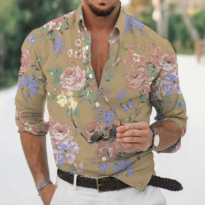 

Men's Autumn Polyester Long Sleeve Shirt Floral Print Casual Male Top Turn-down Collar Shirts Clothes Blouse Clothing For Men