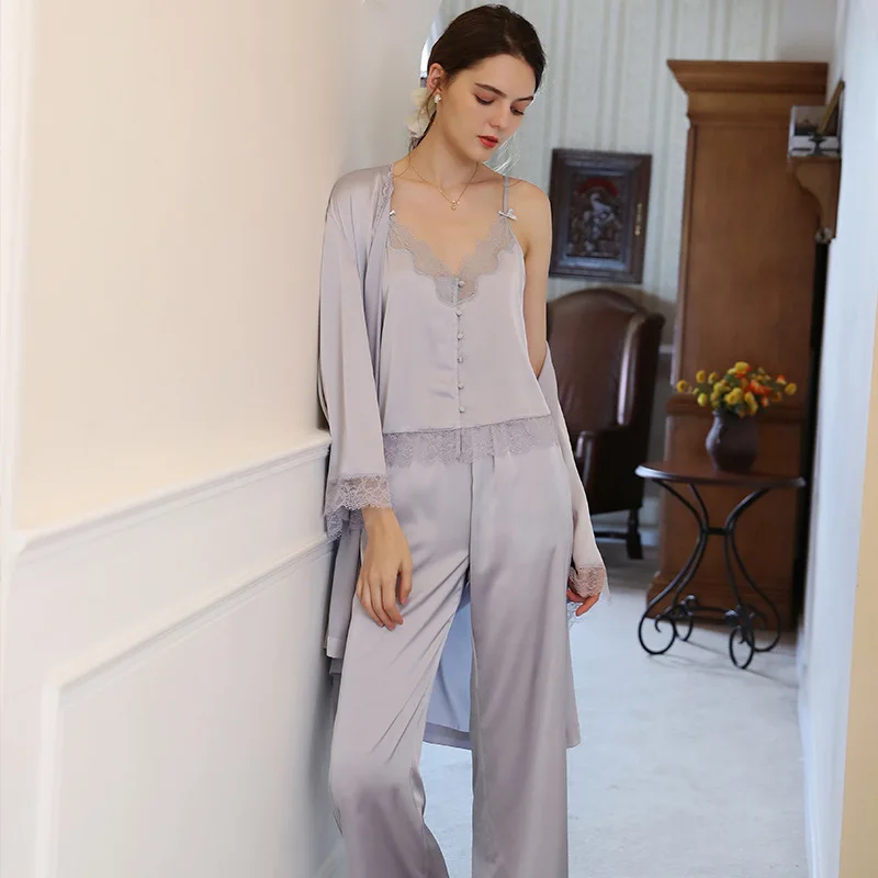 Women Sexi Three-Pieces Silk Night Robe Sleeveless Spaghetti Strap Pajamas Full Sleeves Morning Robe Cardigan Sleepwear New