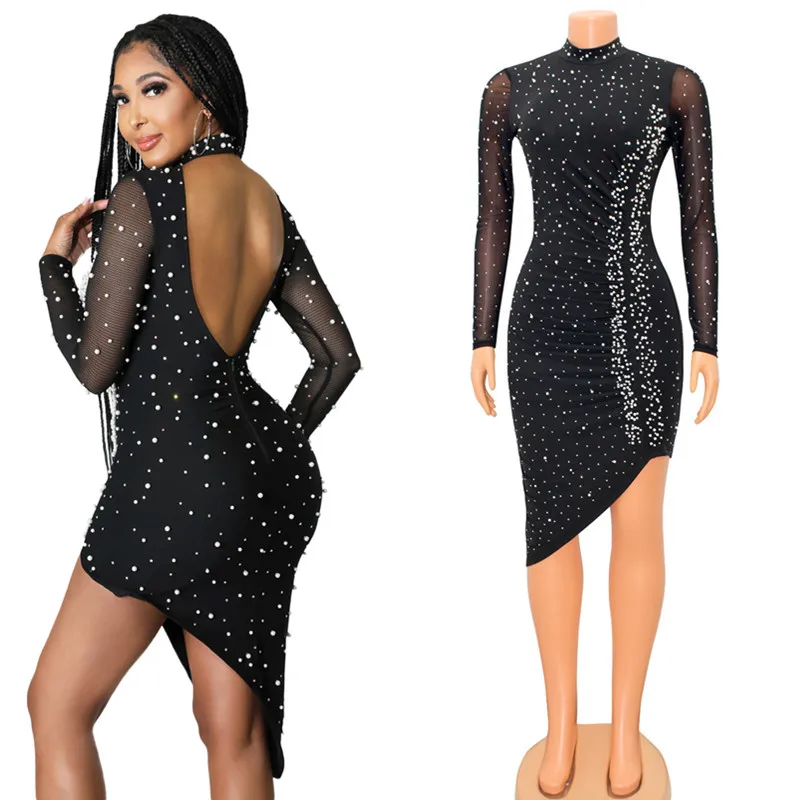 

New Women Clothing Fashion Sexy Mesh Perspective Irregular Bodycon Dress Beading Hollow Out Long Sleeve Dress Solid Color