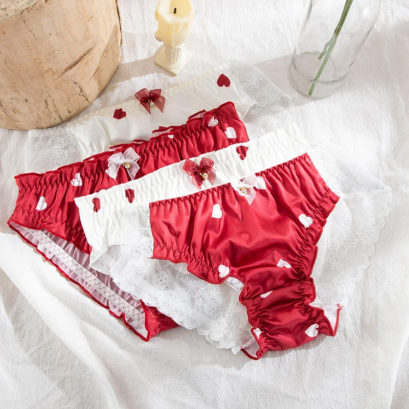 

Japanese Girl Lace Love Print Underwear Female Student Cute Underwear Ultra-thin Silky Seamless New Perspective Stitching Loli