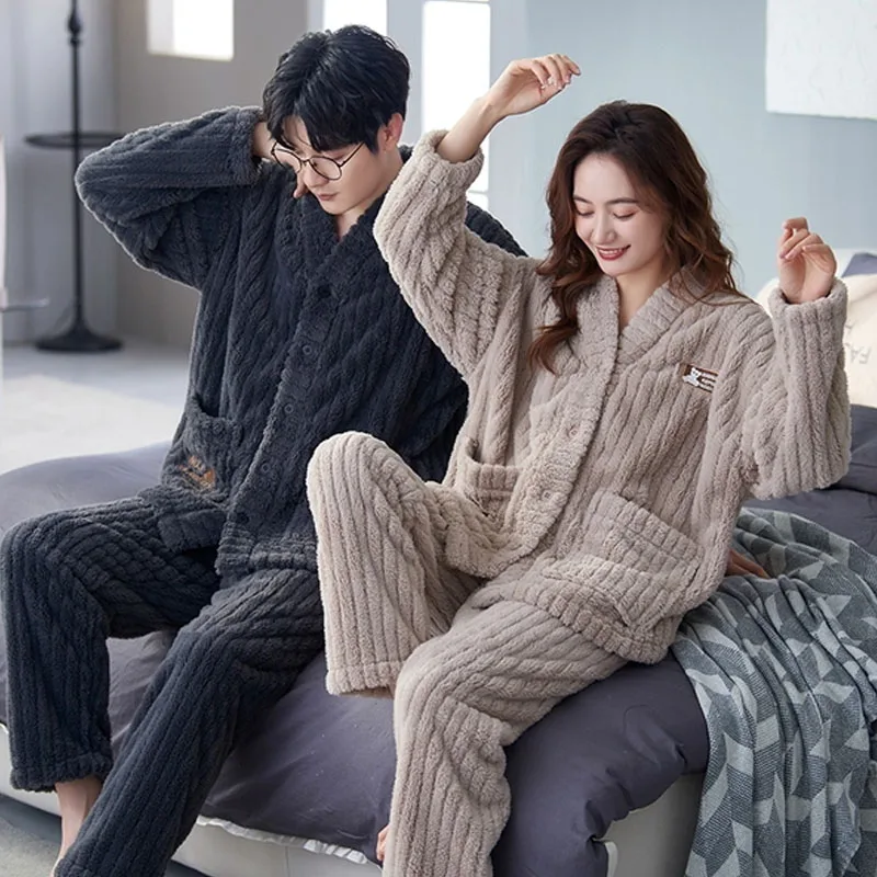 QUHENG Autumn Long Sleeve Thick Warm Flannel Pajama Sets for Men Coral Velvet Sleepwear Suit Winter Pyjamas Homewear Clothes