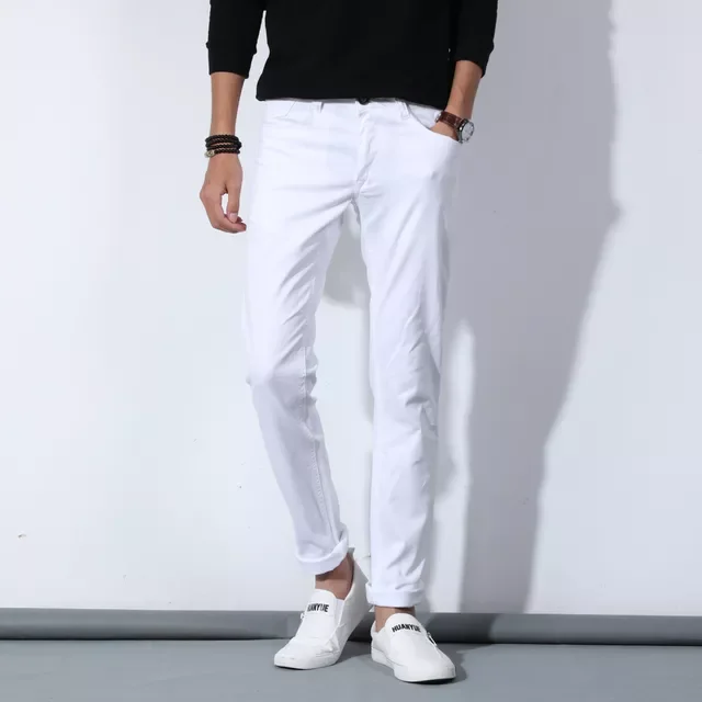 2022New New Autumn Men's Pure White Cotton Jeans Fashion Casual Slim Stretch Pants Male Brand Clothes