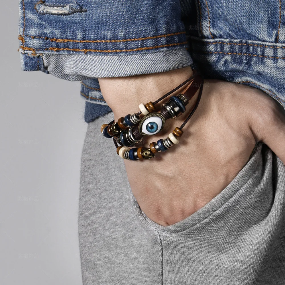 

Ethnic MultiLayer Hand-Woven Luck Blue Evil Eyes Leather Bracelet Men Women Adjustable Vintage Punk Wrap Wristband Bracelet