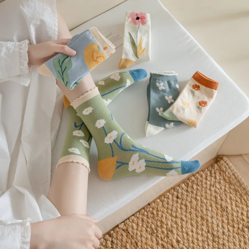 Fashion New Ins Cute Plant Sock Set for Women Trend Personality Kawai Flower Colorful Cotton Socks 5 Pairs Girls Gift