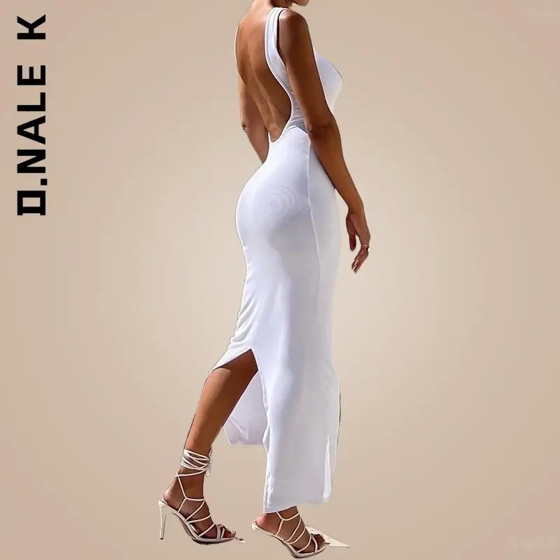 

D.Nale K Hollow Out Sleeveless Split Bodycon Party Dress Fashion Sexy O-neck Backless Long Maxi Evening Dresses Women