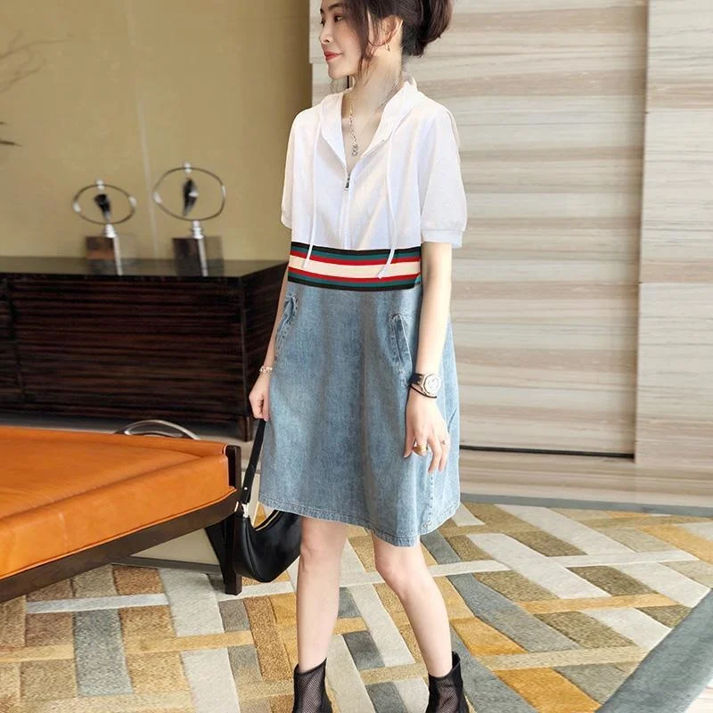 

Casual Hooded Denim Patchwork Summer Women's Dress Clothing Pockets Fashion Drawstring Straight Zipper Dresses Female