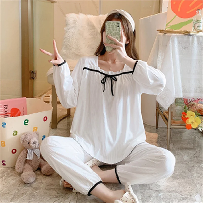 Pajamas Set Sexy Princess Cotton Bow Sleepwear For Women Elastic Pyjama Women's Soft  Fashion Sweet Homewear Clothes Big Size