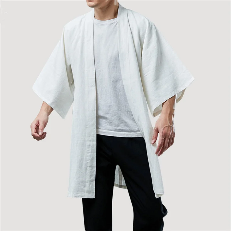 

Summer Jackets for Men Half Sleeve Linen Shirt Harajuku Kimono Casual Cardigan Vintage Tops Hanfu Outwear Trenchcoat