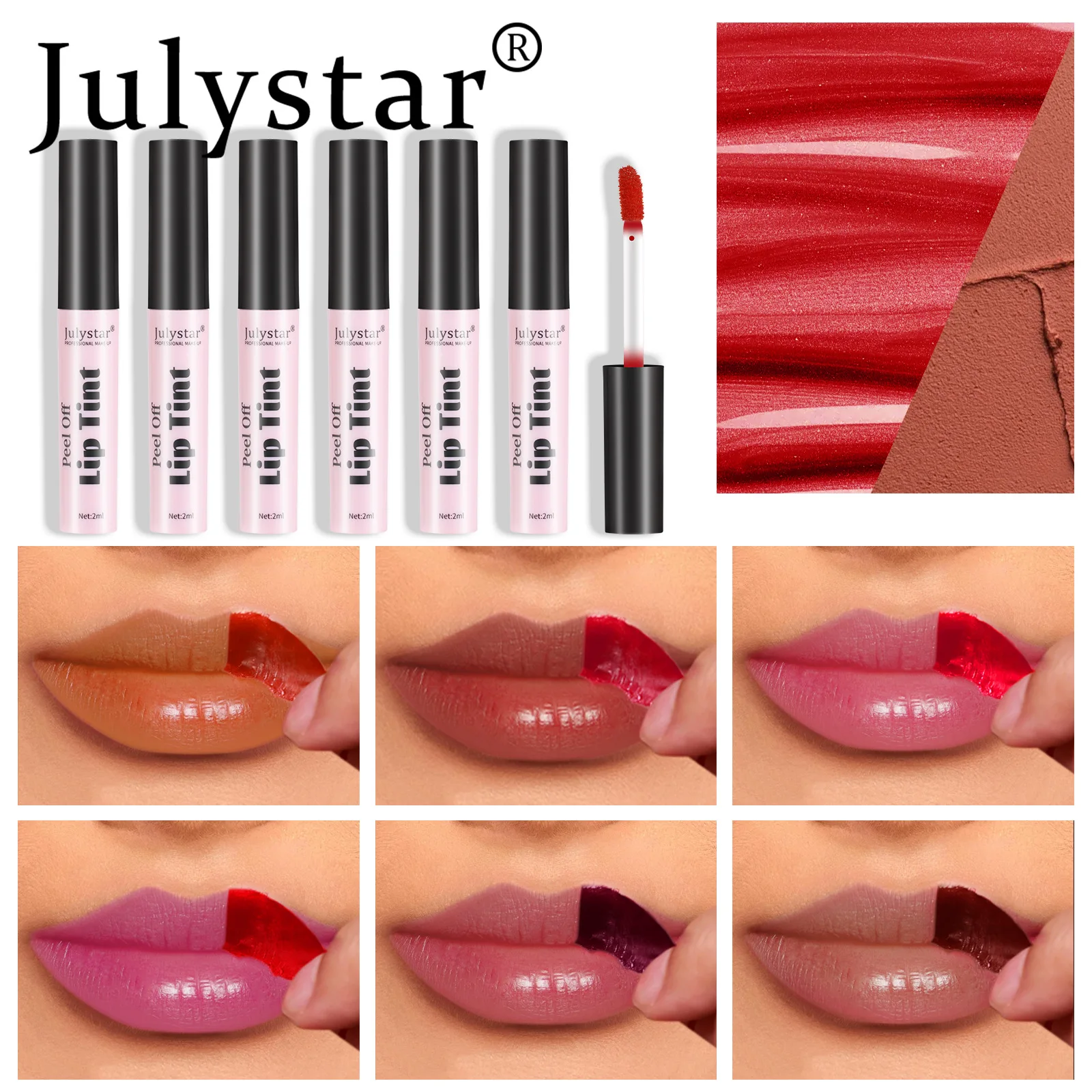 Фото Julystar Peel Off жидкая губная помада 6-цветная водостойкая стойкая матовая розовая губная помада увлажняющий крем отрывная пятна для губ косметический макияж №2