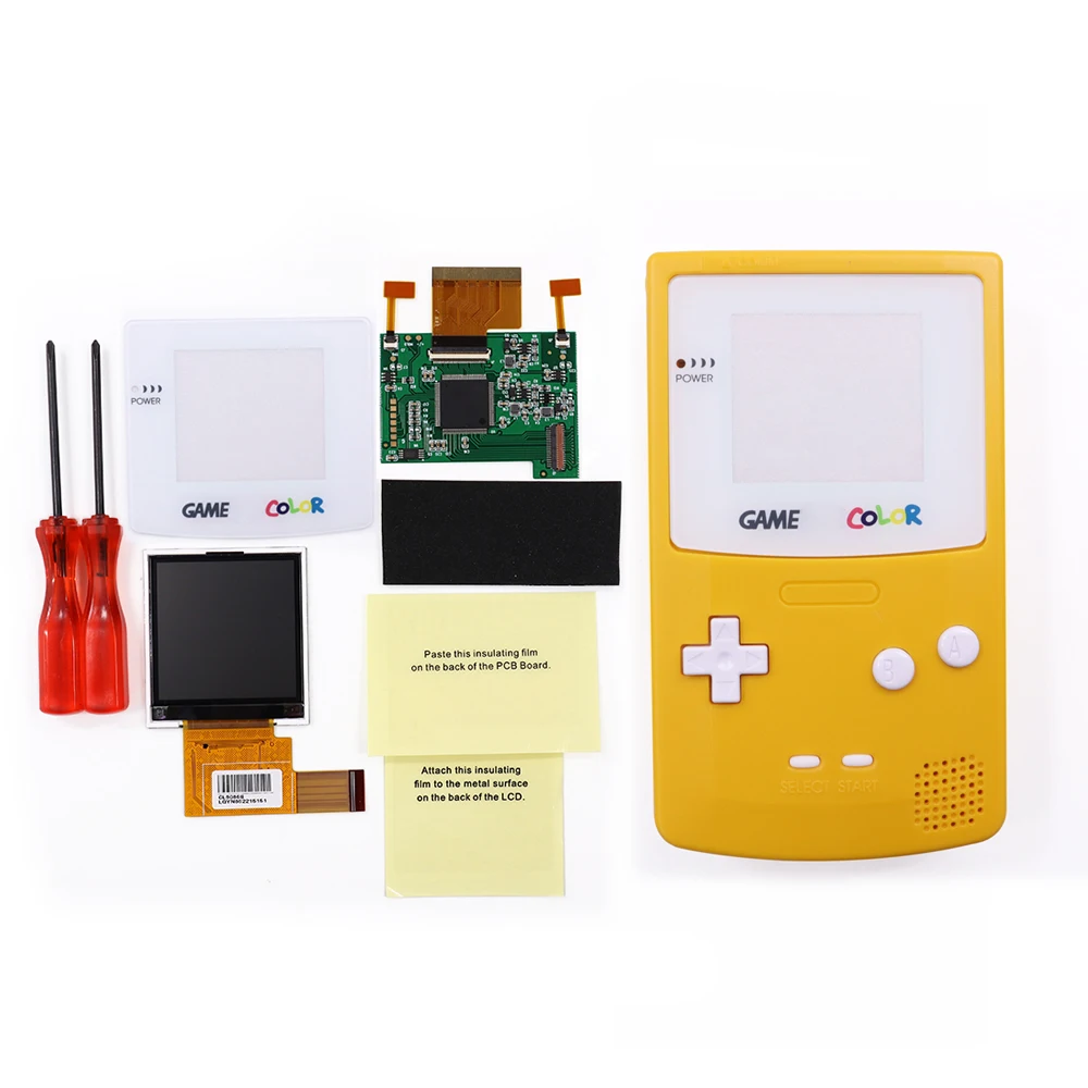 Yellow Housing shell case w/White Button 8 Colors 2.2" Backlight 5 Levels Brightness Screen LCD Kit For Game Boy Color GBC
