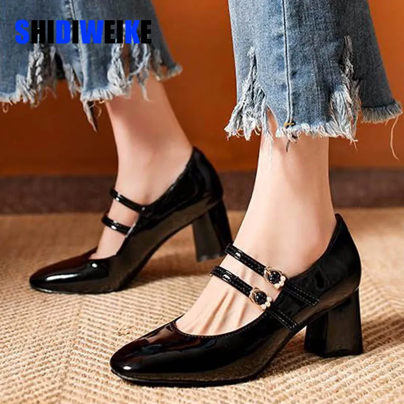 

SDWK 6cm Simple French leather shoes Spring high heels women's shoes square toe nude Mary Jane retro thick heels Femme zapatos