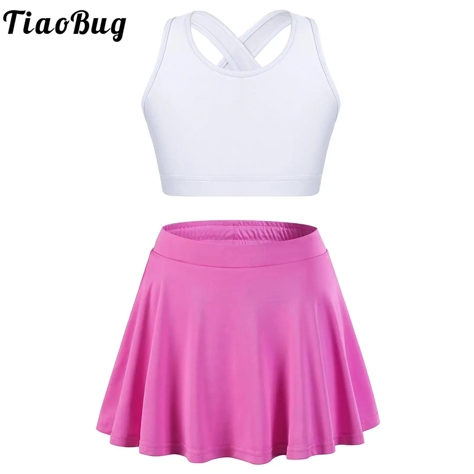 

2PCS Kids Girls Sleeveless U Neck Shoulder Straps Criss Cross at Back Crop Top with Pleated Skort Skirt for Tennis Sports Dance