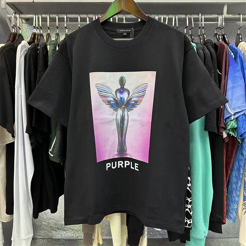 

Summer NEW Purple Letter Portrait Print Tee Shirts Men Women Pure High Quality Casual T-shirt Couple Harajuku Anime Clothes