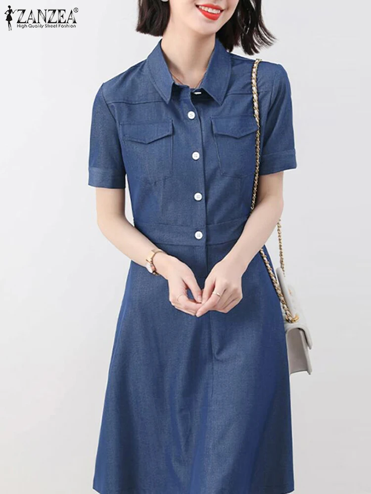 

ZANZEA Women Daily Shirtdress Workplace Fashion Lapel Short Sleeve Knee-length Dresses Cinched Waist A-line Casual Short Robes