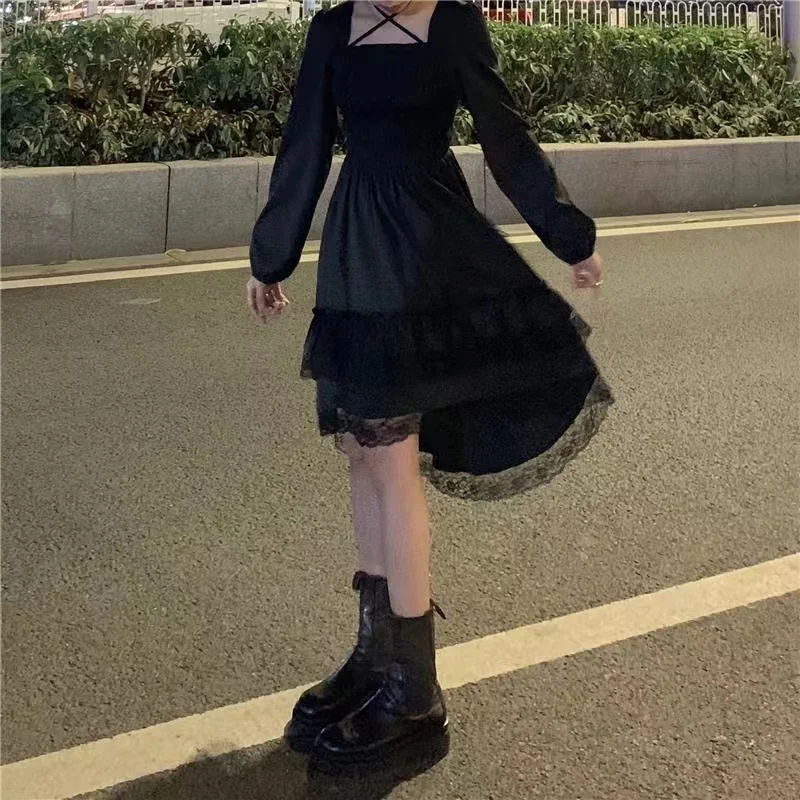 

Cute Kawaii Lace Ruffles Chic Dress New 2022 Women Black Fairy Party Dress Cross Square Collar Lolita Princess Irregular Dress