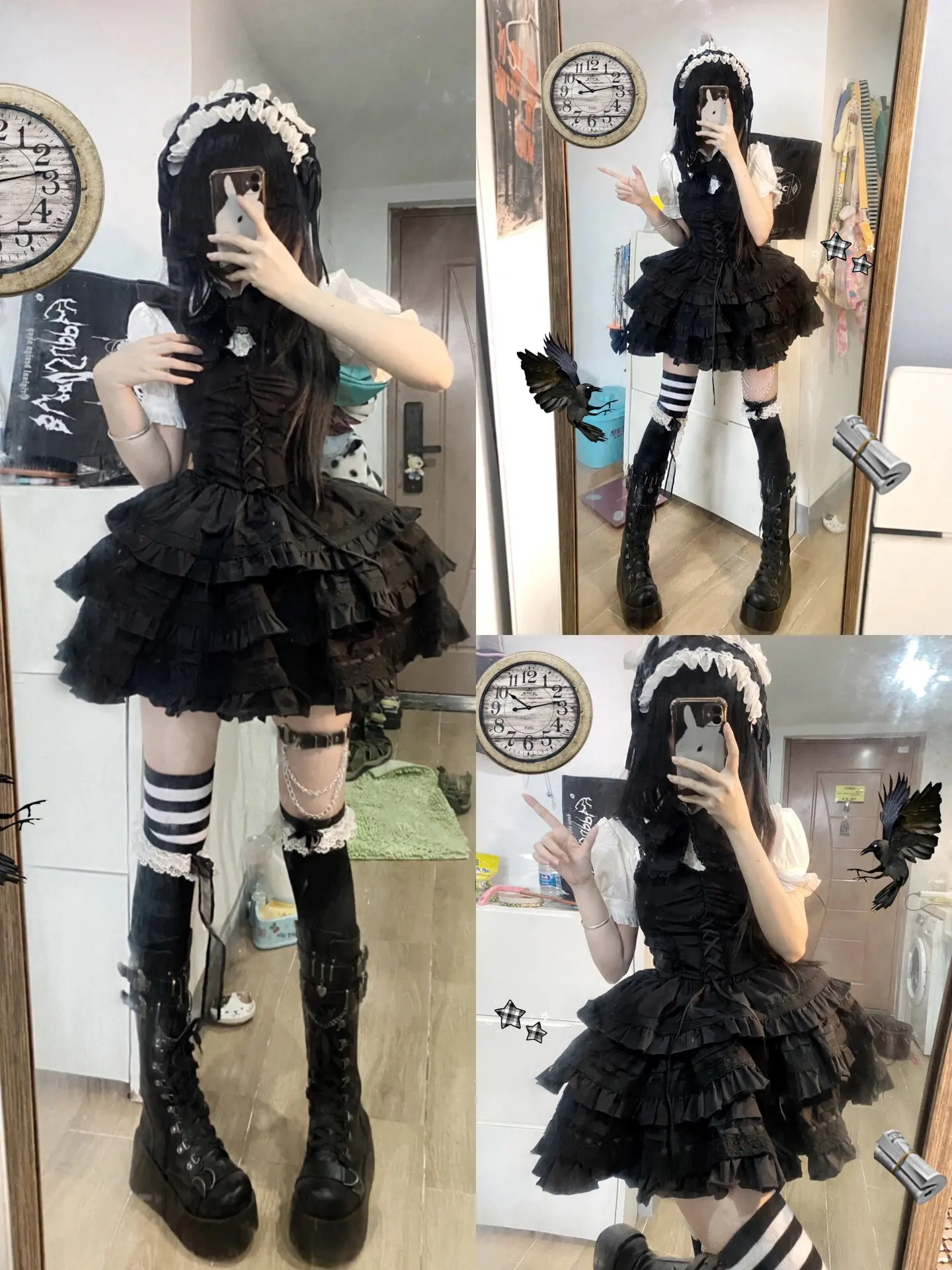 Sweet Lolita Lace Puff sleeve Shirts Waist Hugging Slimming Black Pettiskirt Short dress Set