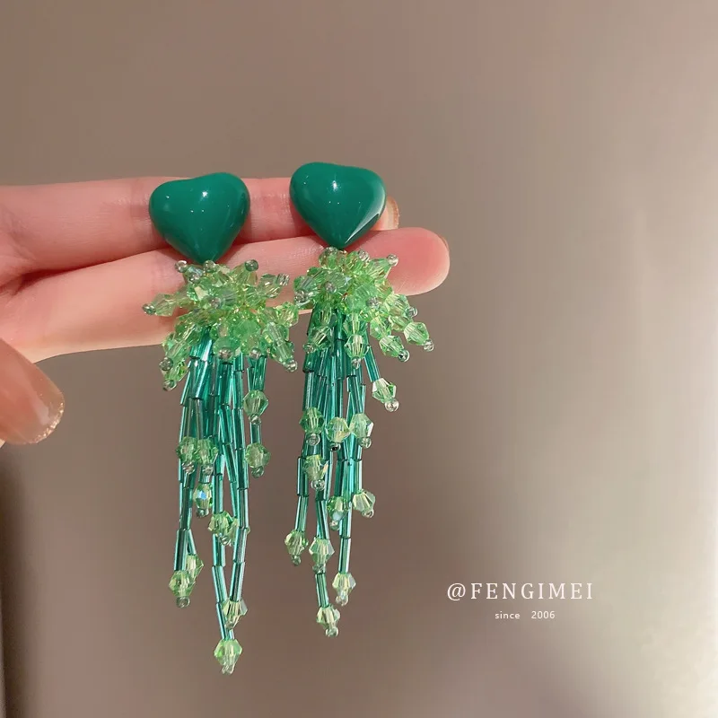 

Silver Needle Small Fresh Green Love Crystal Beaded Tassel Earrings Fashion Personality Earrings Temperament Earrings Women
