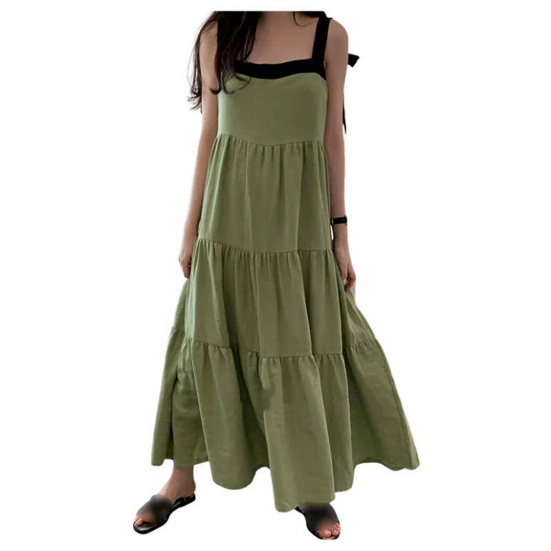 

Платье-макси на бретелях, с оборками, без рукавов