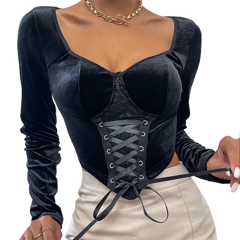 

Ladies Autumn Midriff-baring Tops Girls Temperament Solid Color V-neck Long Sleeve Lace Splicing Front Tie Up Slim Blouses