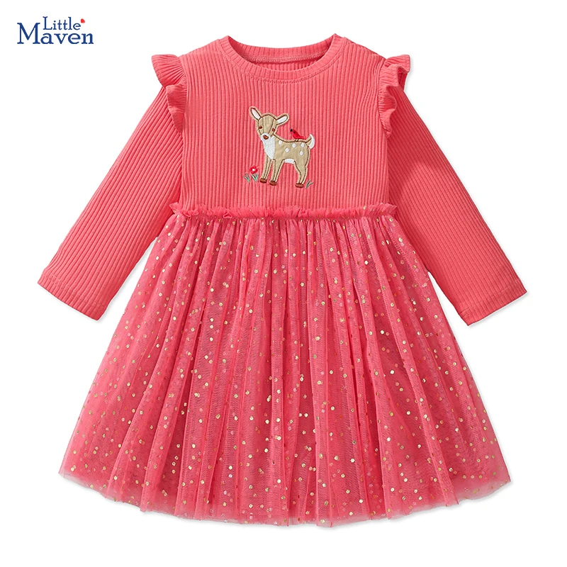 Детская одежда Little maven детская осень 2024 хлопковые сетчатые платья с длинными