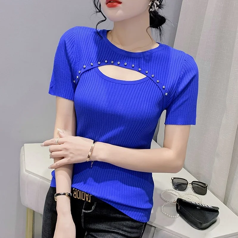 

#5143 Sexy Knitted T Shirt Women Hollow Out Diamonds Sexy Knitwear Elastic T Shirt Female O-neck Short Sleeve Blue Black White