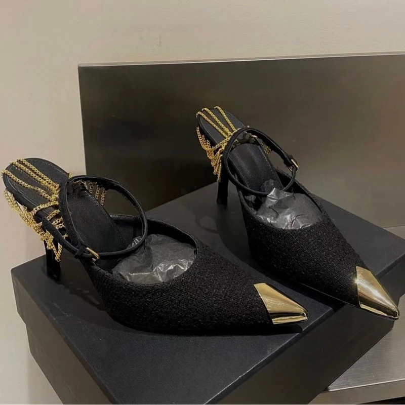 2023 Summer New Chain High-heeled Shoes Sandals Shallow-mouthed Baotou Women's Shoes Thin Heeled Pointed Metal Head Single Shoes