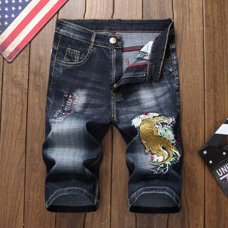 Summer Style Men Denim Trousers Zipper Dragon Pattern Hole Straight Shorts Jeans Blue and Black