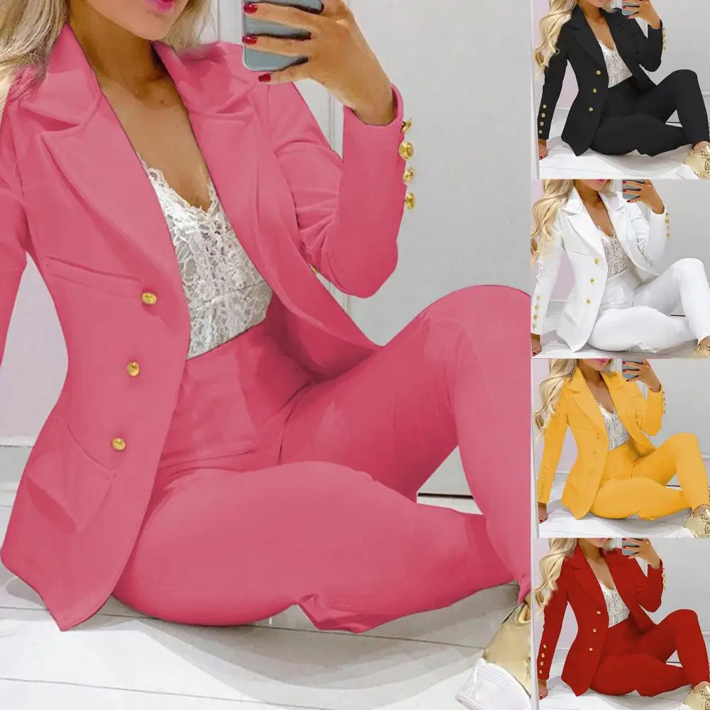 

2 Pcs/Set Formal Pants Suit Long Sleeve Autumn Lady Suit High Waist Notched Collar Formal Pants Suit