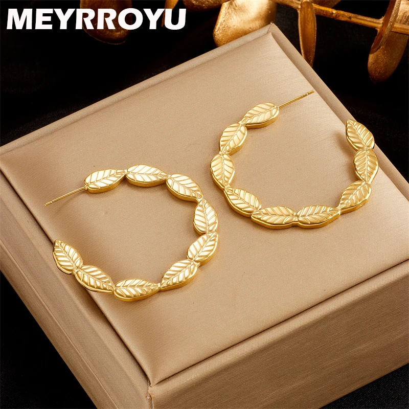 

MEYRROYU 316L Stainless Steel Golden Leaves C Shape New Arrival Stud Earring For Women Jewelry Birthday Gifts Charm Accessories