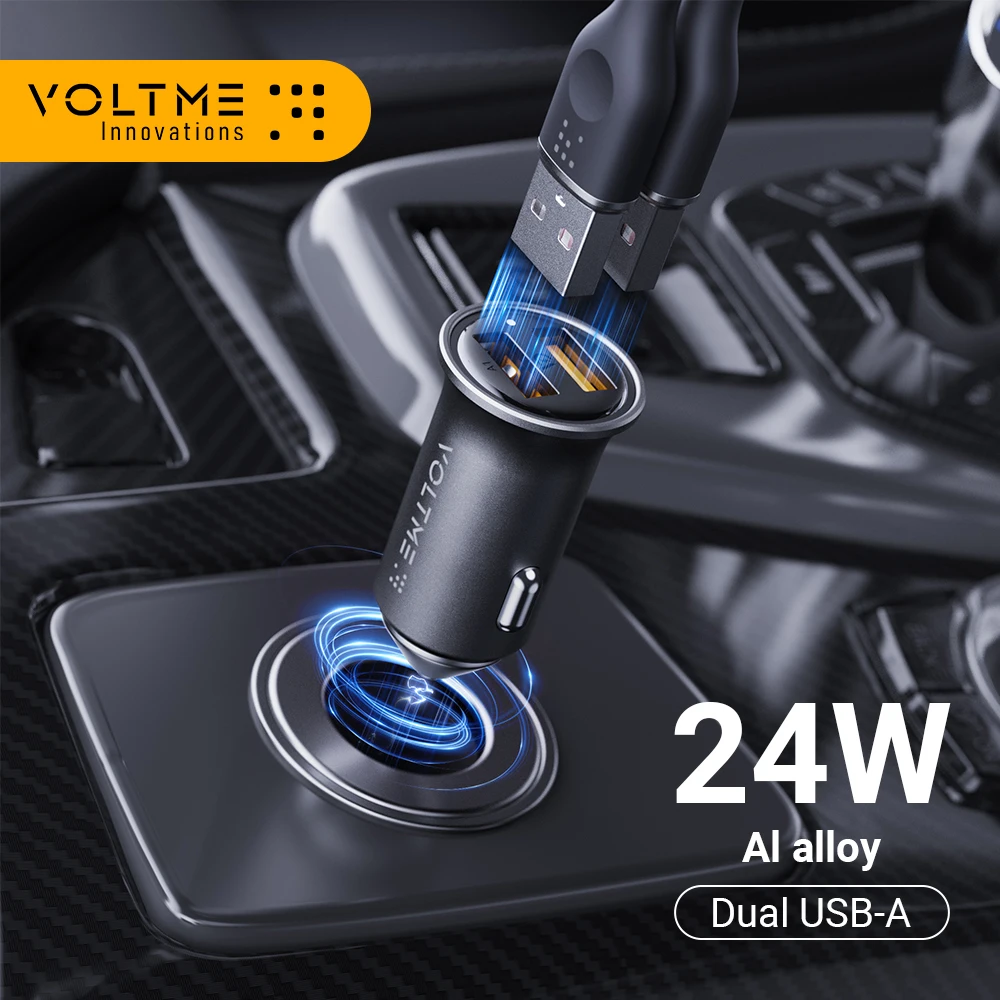 

Автомобильное зарядное устройство VOLTME 24 Вт Mini из алюминиевого сплава с двумя USB-портами и синей светодиодной подсветкой для iPhone 14 13 12 Pro Max, быстрая зарядка, автомобильные зарядные устройства