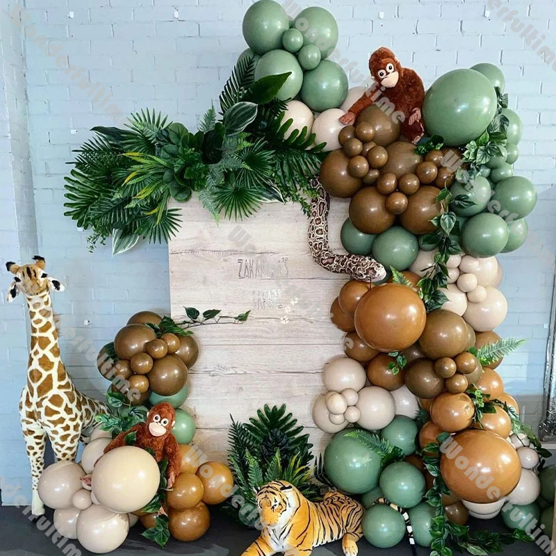 

145 шт. украшение для дня рождения в виде пыльного зеленого джунгля, карамельного кофе, шары с арокой, двойной абрикосовый декор для детского ...