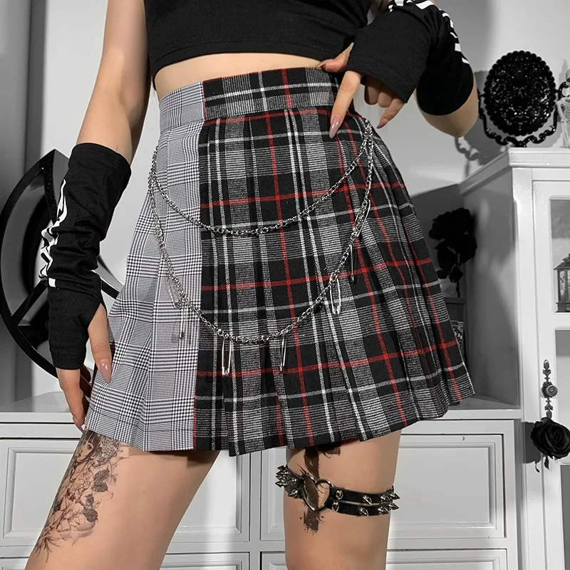 

Dark Collegiate Stitched Contrast Checked Skirt High Waist Detachable Pendant Pleated Skirt Harajuku Skirt Punk Skirt Goth Skirt