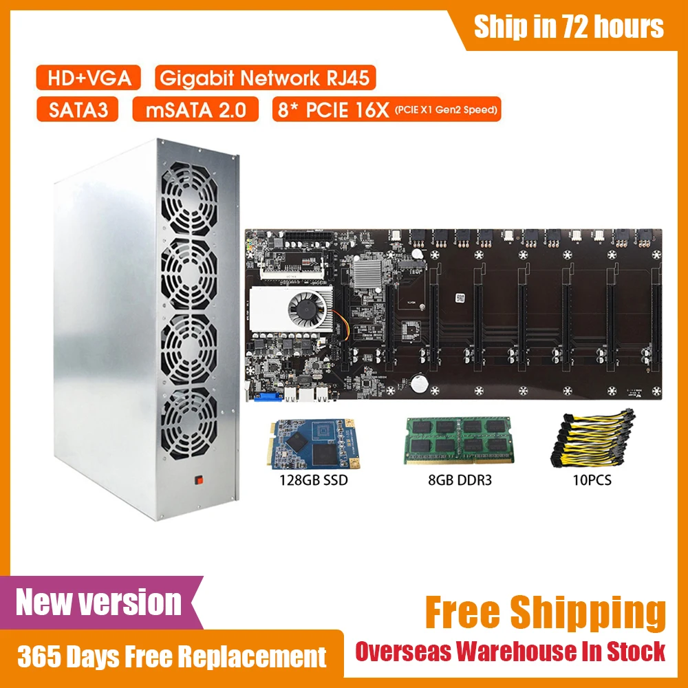 

BTC D37 T37 S37 Mining Motherboard Set Combo 128GB SSD DDR3 Processor 8 GPU Graphics Card 8 Pin Power Cable With Mining Case