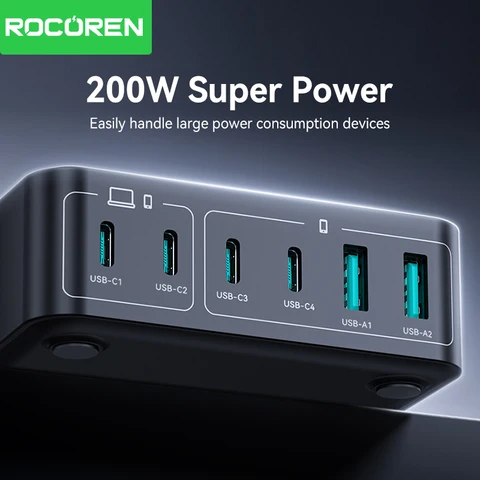 Rocoren 200 Вт GaN Зарядное устройство 6-портовое настольное зарядное устройство USB Type C для быстрой зарядки Портативная электростанция для iPhone 16 Pro Max Xiaomi