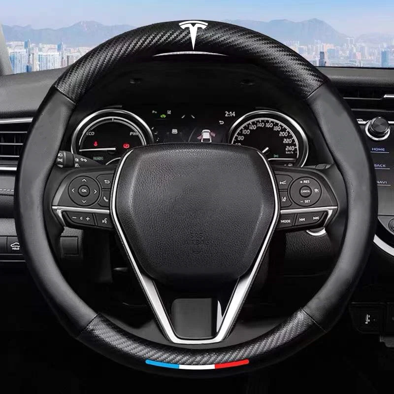 

DIY Carbon Fiber Leather Car Steering Wheel Covers Luxury Car steering-wheel Cover For Tesla Model 3 Model X Model S Model Y