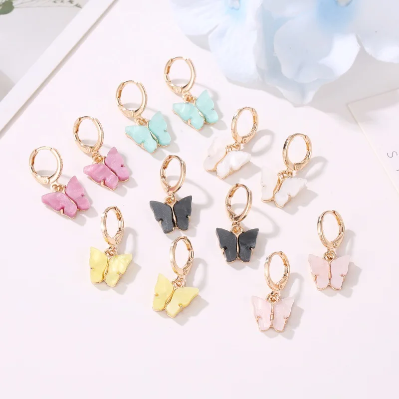 

New Fashion Trendy Colorful Acrylic Earrings for Women Cute Butterfly Golden Hoop Earrings Korean Jewelry Gift