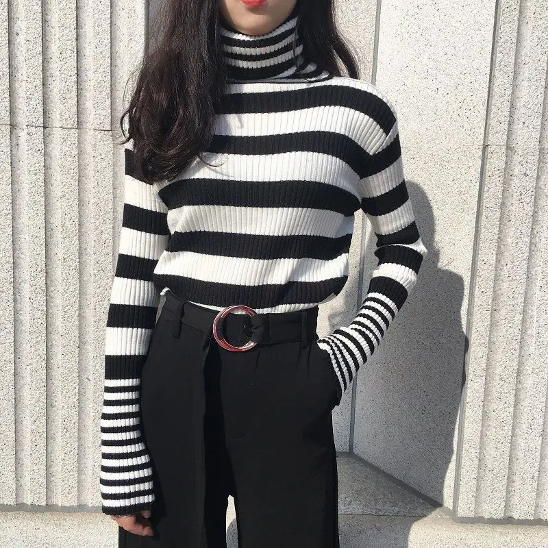 

Deeptown Korean Fashion Knitted Sweater Women Turtle Neck Long Sleeve Pullover Autumn New Black White Stripe Slim Thick Jumper