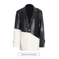 women new spring autumn black and white contrast color stitching texture pu leather suit fashion temperament street coat tide