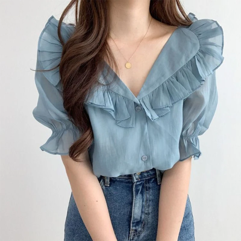 

2022 New Women's Summer Elegant Ruffled Puff Sleeve Shirt Solid Color Ladies Loose Short-sleeved Shirt Sweet Chiffon Women's Top