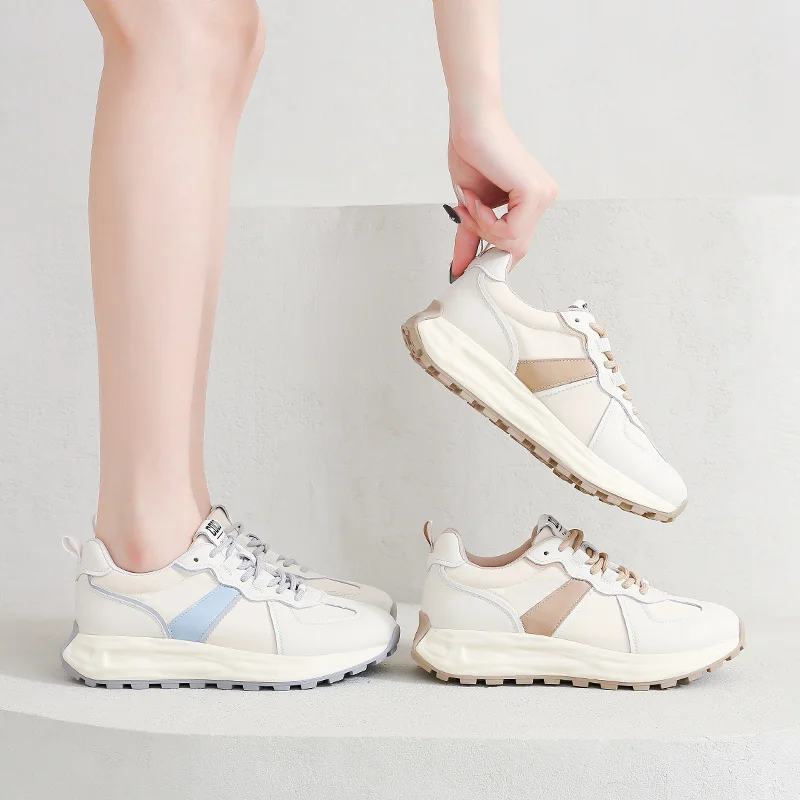 SOMILISS Women's Chunky Platform Sneakers Genuine Leather Casual Sneakers Lace Up Ladies Fashion Breathable Running Shoes