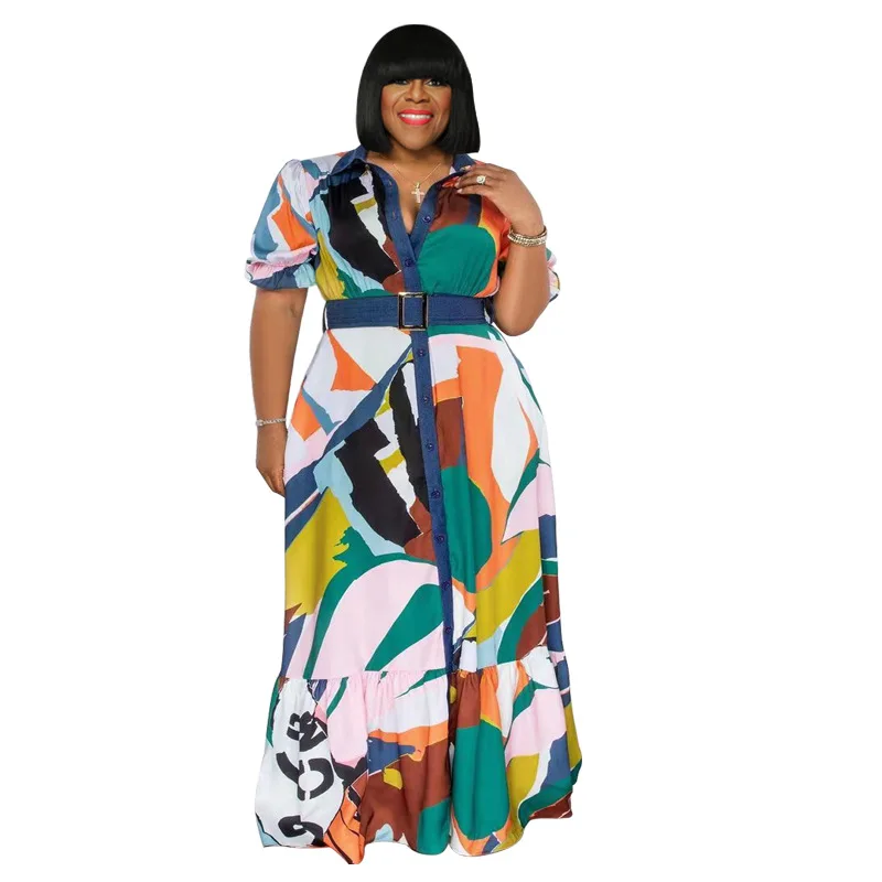 Plus Size Women's Dress Autumn/Winter 2022 New Color Print with Belt Loose Casual Dress Temperament Commuter Plus Size Feminino