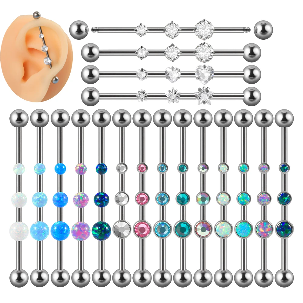 

G23 Titanium Fashion Silver Color Zircon Opal External Internal Barbell Long Elegant Earring Transversal Piercing Jewelry