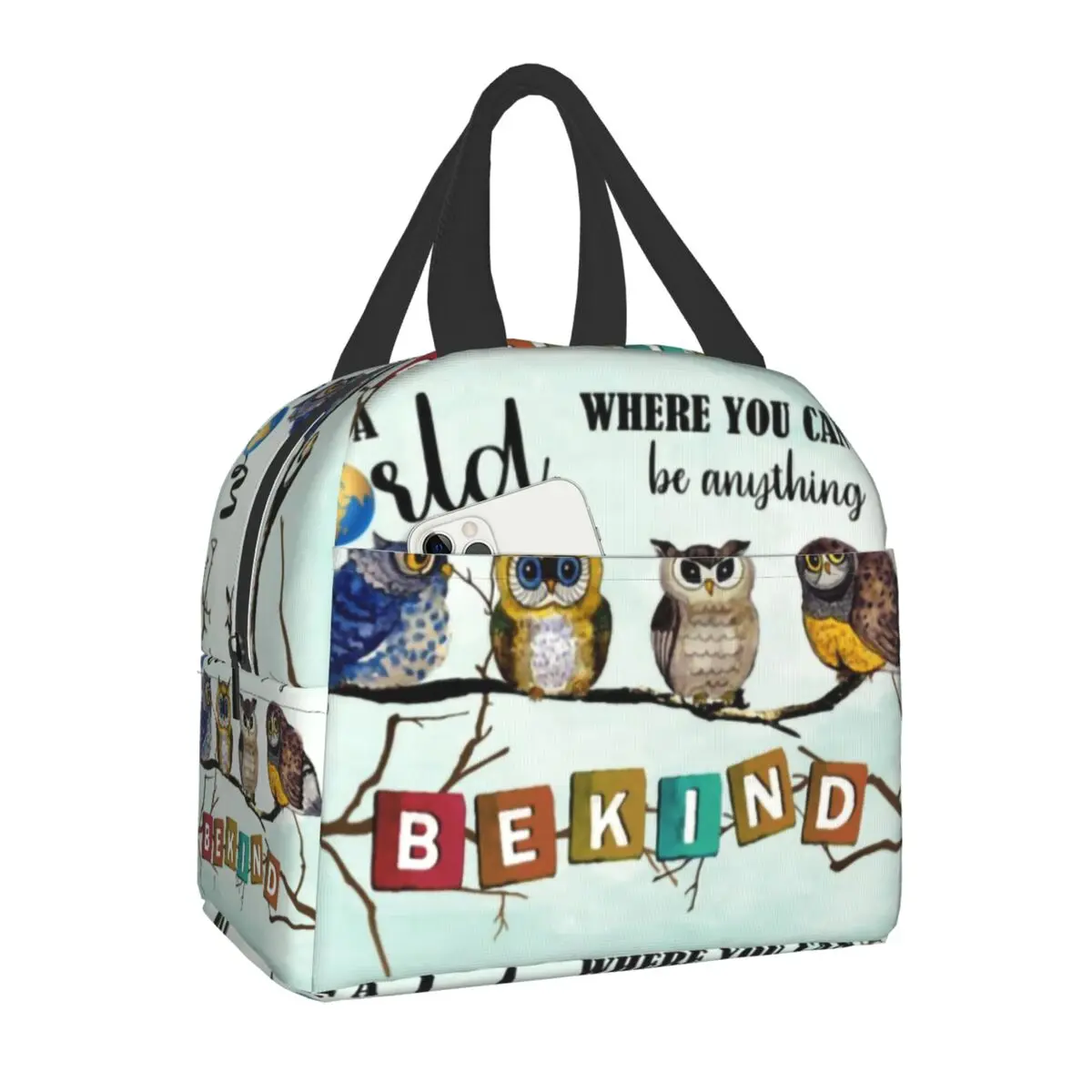 

Owls In A World Where You Can Be Anything Be Kind Insulated Lunch Bag Women Waterproof Wildlife Bird Cooler Thermal Bento Box