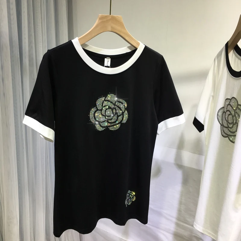 

Flower Hot Drilling Female Tshirt 2022 New Summer Fashion All-match Loose O-neck Short Sleeve Pullover Trendy Women Tees