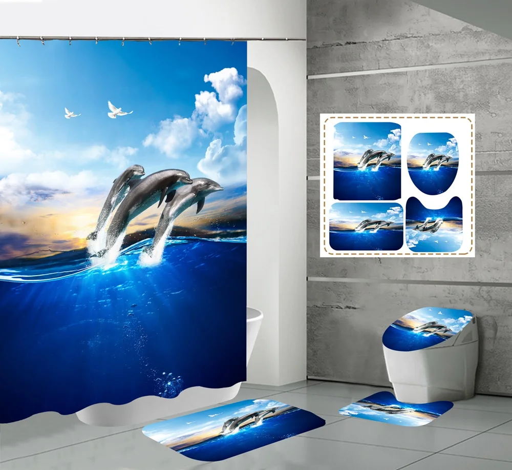 octopus shower curtain set ocean animal landscape waterproof bath curtains starfish blue rug toilet lid cover bathroom mat home free global shipping