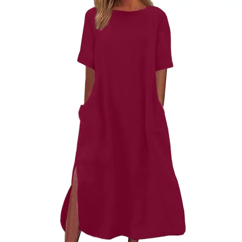 

Women Midi Dress Versatile Women's Solid Color Midi Dress with Pockets Side Split Hem Stylish O-neck Short for Everyday