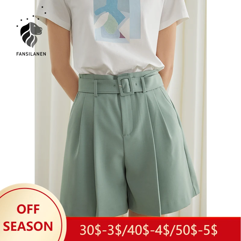 

Женский офисный костюм FSLE, зеленые шорты, женские летние свободные брюки, драпированные брюки с высокой талией и широкими штанинами, прямые ...