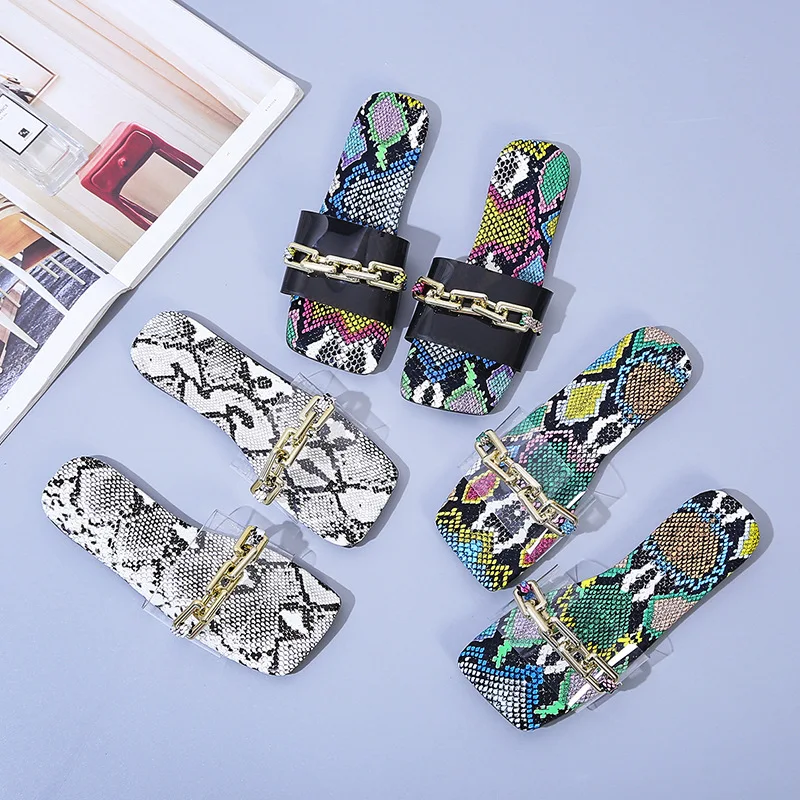 

European And American Flat Bottom Chain Straight Beach Slippers Women's Flat Bottom Foreign Trade Snake Pattern Large Slippers
